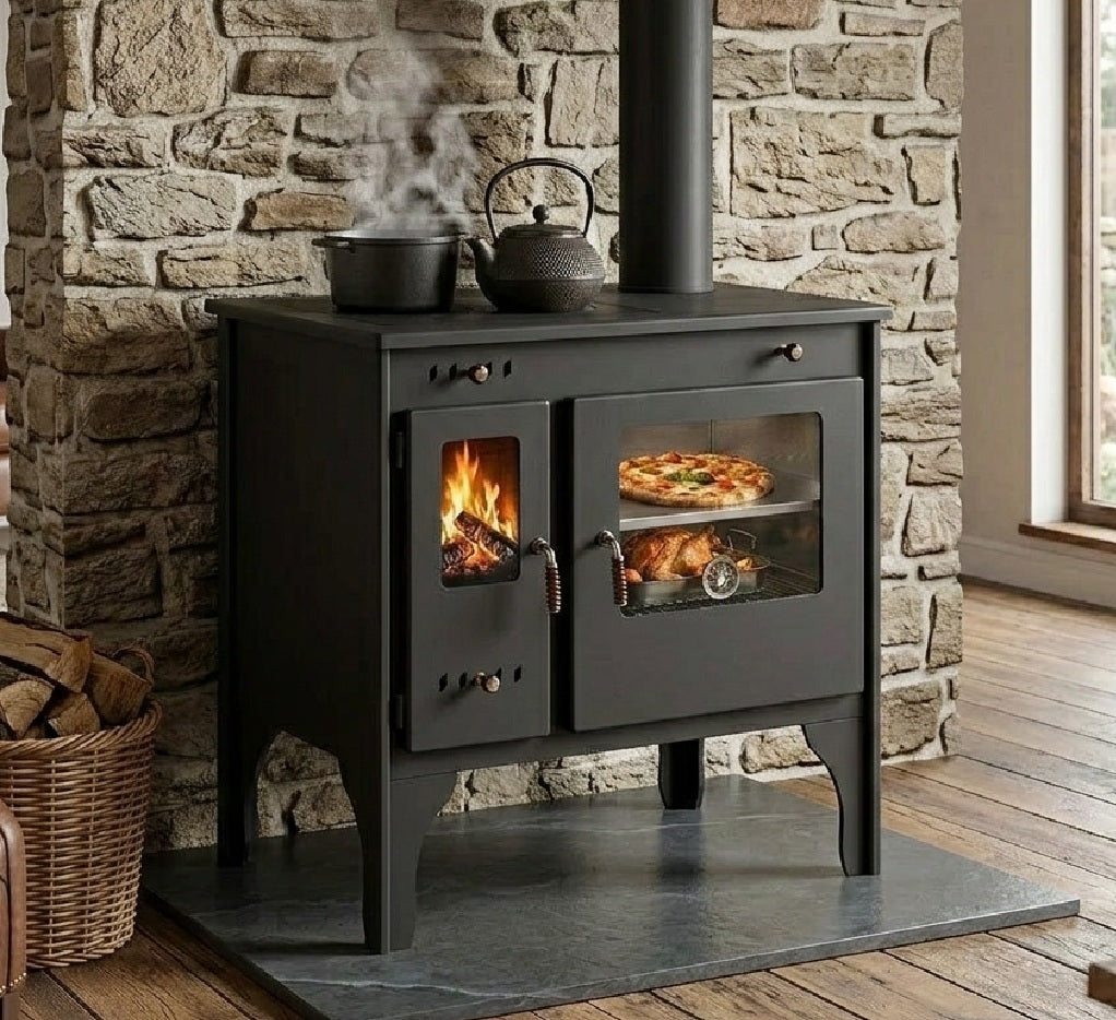 EEK A+ Køkkenovn brændeovn R ECO INOX med ovn i rustfrit stål, højre version - 7 kW